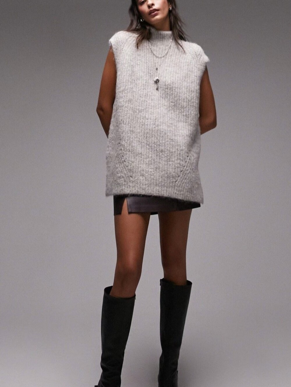 Topshop Asos knitted long line fluffy Sleeveless Vest funnel neck wool blend L
